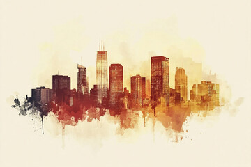 Obraz premium Retro style city skyline with modern architecture silhouettes in warm golden tones and vintage aesthetic, generative ai