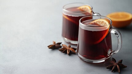 Two glass mugs filled with warm spiced beverage, garnished with lemon slices, surrounded by star anise and orange, creating a cozy and inviting atmosphere for winter enjoyment