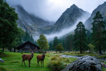 Majestic deer by the river in a misty mountain landscape during