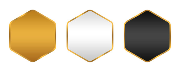 Set of three elegant hexagonal badges with golden borders in gold, white, and black