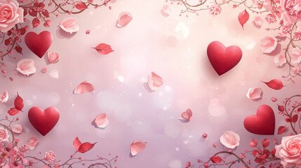 Romantic and tender illustration in pastel colors. Red hearts surrounded by delicate petals and blooming branches create an atmosphere of love and spring. Ideal for Valentine's Day, wedding invitation