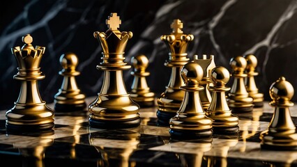 Luxurious gold chess set on black marble