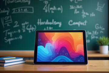 tablet against the traditional blackboard creates an interesting contrast in the classroom setting.