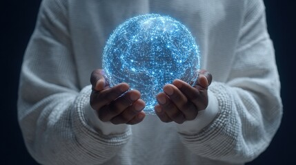 Hands Holding a Glowing Digital Globe with Network Connections Representing Global Connectivity and Technology Innovations in a Futuristic Setting
