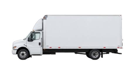 Clean white box truck, side view, isolated on black