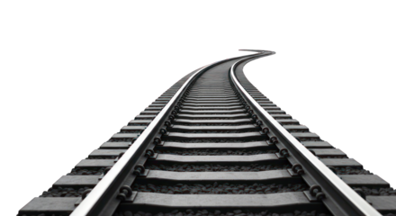 Curving railroad tracks fade into dark background, perspective view