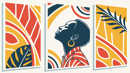 Vibrant Abstract Art Prints Set with Empowering Black Woman Profile and Tropical Foliage for Modern Home Decor Lifestyle