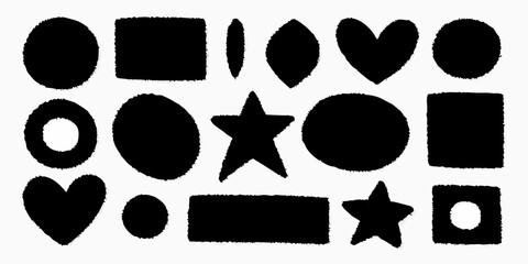 Collection of hand drawn black geometric shapes and symbols on white background