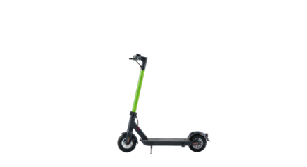 Electric scooter, dark grey with bright green upright, against black background