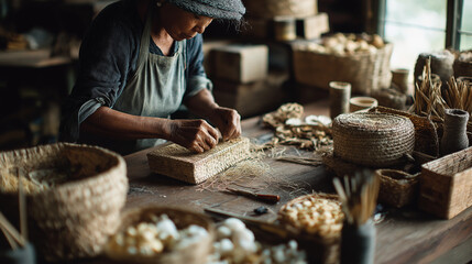 Artisan wrapping handmade soap in rustic workshop.