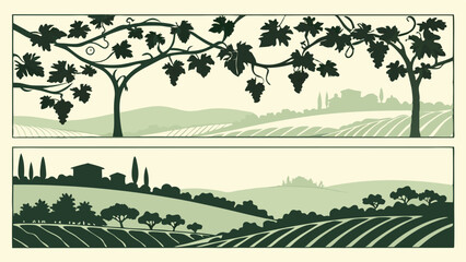 Tuscan Vineyard Landscape Banners with Grapevines and Rolling Hills. Idyllic Rural Scenery for Wine, Food, Travel, and Web Design.