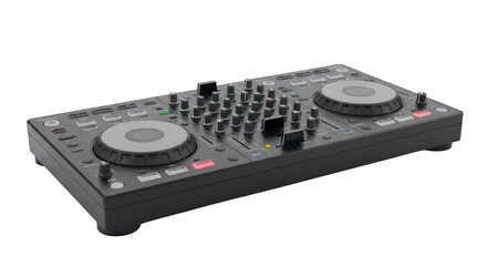Fototapeta premium DJ controller with knobs, sliders, and decks on dark surface, angled view