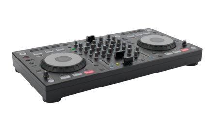 DJ controller with knobs, sliders, and decks on dark surface, angled view
