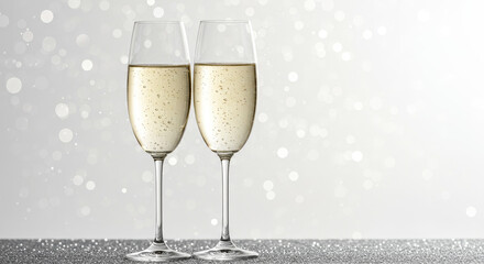 Elegant champagne flutes filled with sparkling bubbly on a festive silver surface ready for a celebration or special occasion toast