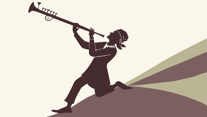 Traditional Musician Silhouette Playing Long Horn on Hill for Cultural Event Announcement and World Music Festival Illustration