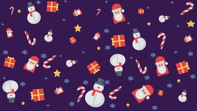 Cute Christmas seamless pattern with Santa Claus, snowman, candy cane, stars, and gift boxes on dark background. Festive and playful holiday design.