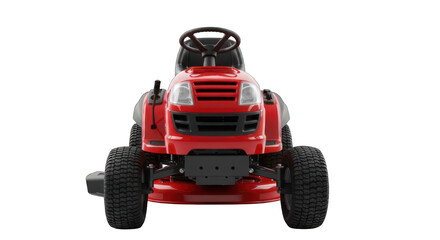 Fototapeta premium Front view of a shiny red riding lawn mower against black
