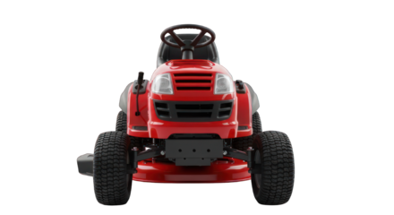 Front view of a shiny red riding lawn mower against black