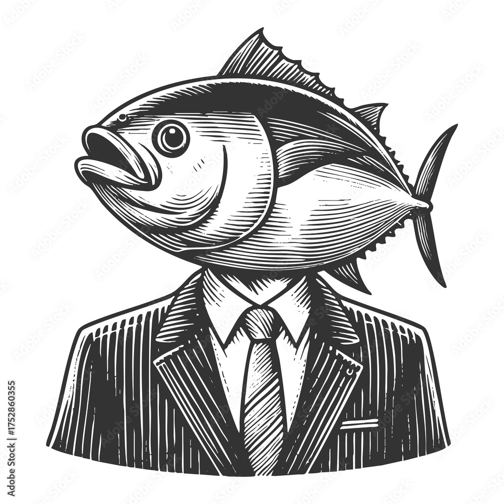 Wall mural man in a suit with a large fish head, blending business imagery with artistic fantasy sketch engravi