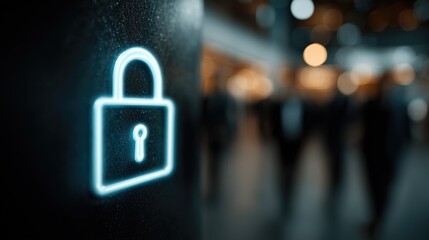 Cybersecurity concept with glowing padlock icon over blurred crowd, symbol of digital protection, privacy and data safety