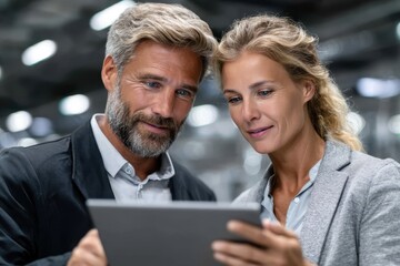 Business professionals discussing ideas while using a tablet in a modern office setting