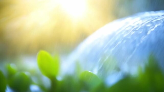 Abstract Freshness: An artistic macro shot of water droplets cascading over lush greenery, illuminated by a soft, ethereal light. A tranquil ode to natural renewal
