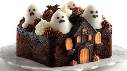 Mini cake designed like a haunted house with chocolate walls and ghost toppings, isolated on white background