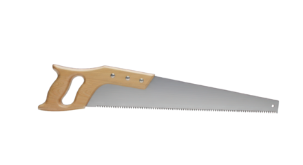 Handsaw with a wooden handle and shiny blade, against a stark black background