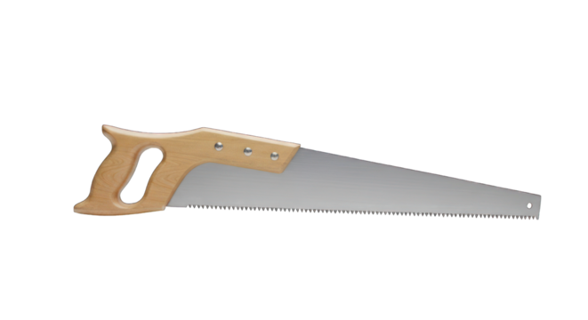 Handsaw with a wooden handle and shiny blade, against a stark black background