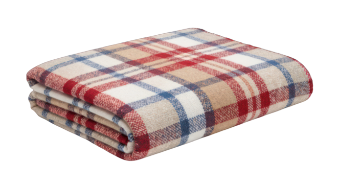 Folded plaid blanket with red, blue, beige and white checks