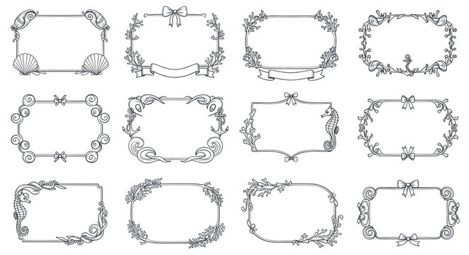 Collection of decorative frames with floral and seashell elements.