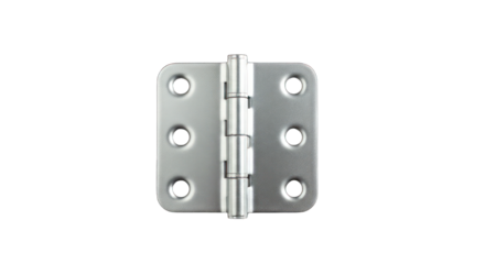 A silver-colored door hinge, center framed, against a plain black background