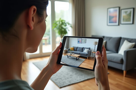 Person using AR technology app to preview living room furniture options before purchasing in home.