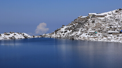 Small hotels at the holy Lake Gosainkunda, Nepal.