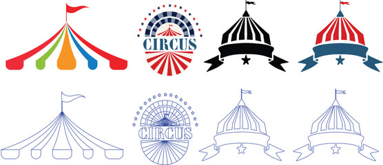 Collection of Circus Tent Icons and Logos with Flags and Banners