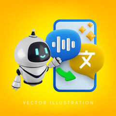 Vector cartoon 3d language translation chat bot. 3d render robot character, smartphone, foreign language voice message speech bubble. Smart auto translation, localization technology.