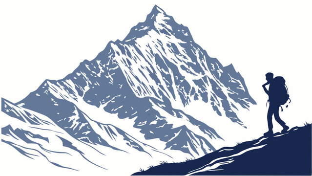 Determined Hiker Ascending Majestic Snowy Mountain. Adventure, Challenge, Success, Business Growth, Personal Development Journey.