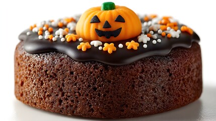 Mini chocolate cake topped with Halloween sprinkles and a small fondant jack-o&rsquo;-lantern, isolated on white background