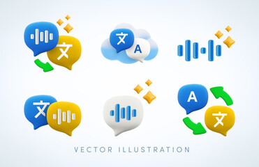 Vector cartoon 3d AI language translation icon set. Realistic 3d render voice and foreign text message speech bubble, arrow, sparkle, cloud. Smart sound recognition, voice input.