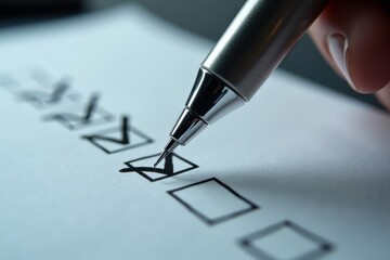 Detailed Close-up Shot of a Silver Pen Hovering over Completed Checkboxes on a Form, Conveying a Sense of Achievement and Attention to Precision