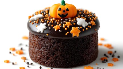 Mini chocolate cake topped with Halloween sprinkles and a small fondant jack-o&rsquo;-lantern, isolated on white background
