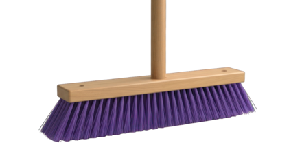 Purple-bristled broom with wooden handle angled on a black background