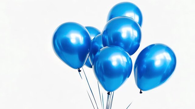 Blue balloons hover gently on a white background, creating a cheerful ambiance perfect for birthday celebrations or events