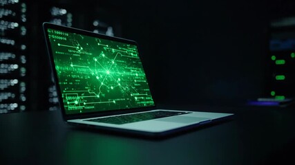 Laptop with green glowing digital data processing lines and binary code in a dark server room, cyberpunk technology footage. - Powered by Adobe