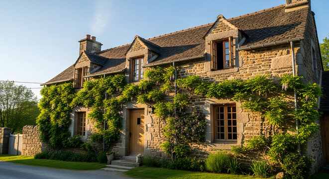 Charming stone cottage with lush greenery in the french countryside, showcasing rustic architecture and idyllic rural living - Powered by Adobe