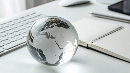 Elegant crystal globe on modern office desk with keyboard notebook and stylish workspace design for global business communication and planning