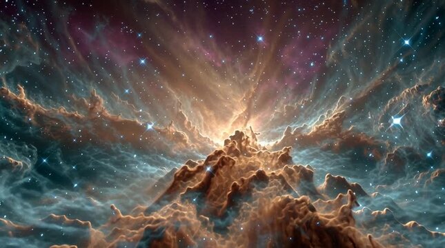 An awe-inspiring cosmic photograph of a vast nebula shaped like a phoenix, glowing in fiery gold, orange, and magenta tones. Thousands of new blue stars are being born within.