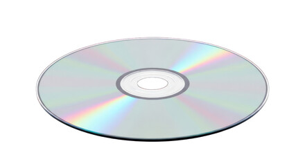 Shiny compact disc, tilted, on a black background with rainbow reflection