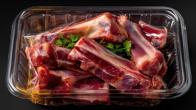 Fresh Uncooked Meat in Packaging with Herbs for Culinary Uses and Recipes on Dark Background