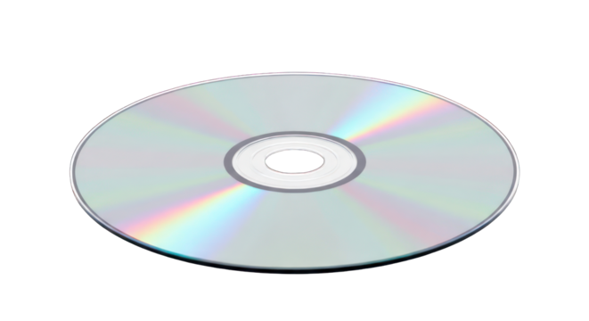 Shiny compact disc, tilted, on a black background with rainbow reflection
